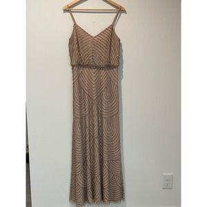 Adrianna Papell Embellished Beaded Gown Formal Dress Sleeveless Beige